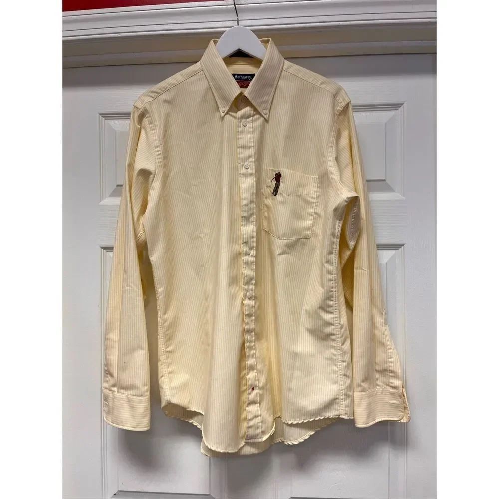 Hathaway Golf Yellow Stripe Mostly Cotton Oxford Shirt sz L NWOT